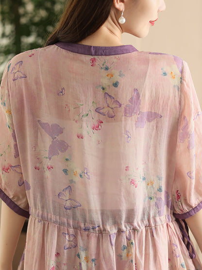 Robe d'été vintage à bretelles florales en ramie pour femmes CX008