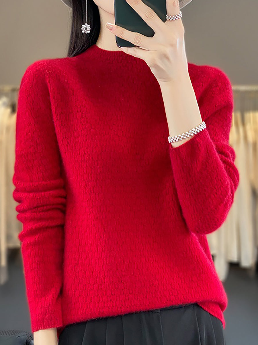 Women Autumn Casual Solid Knit 100%Wool O-Neck Sweater WU010