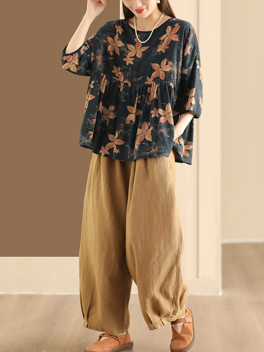 Women Summer Vintage Flower Spliced Loose Shirt XX1047