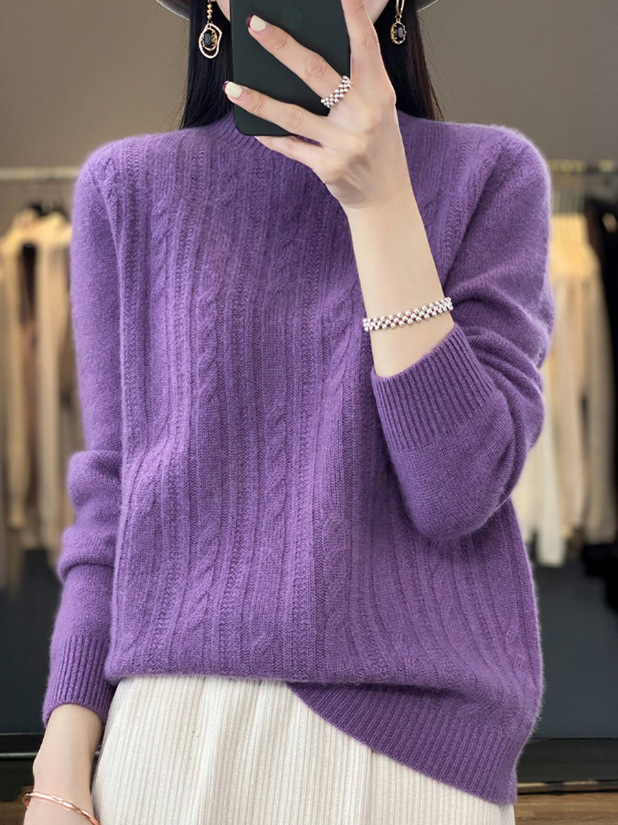 Women Autumn Solid Cable Knit 100%Wool Half Turtleneck Sweater QN027