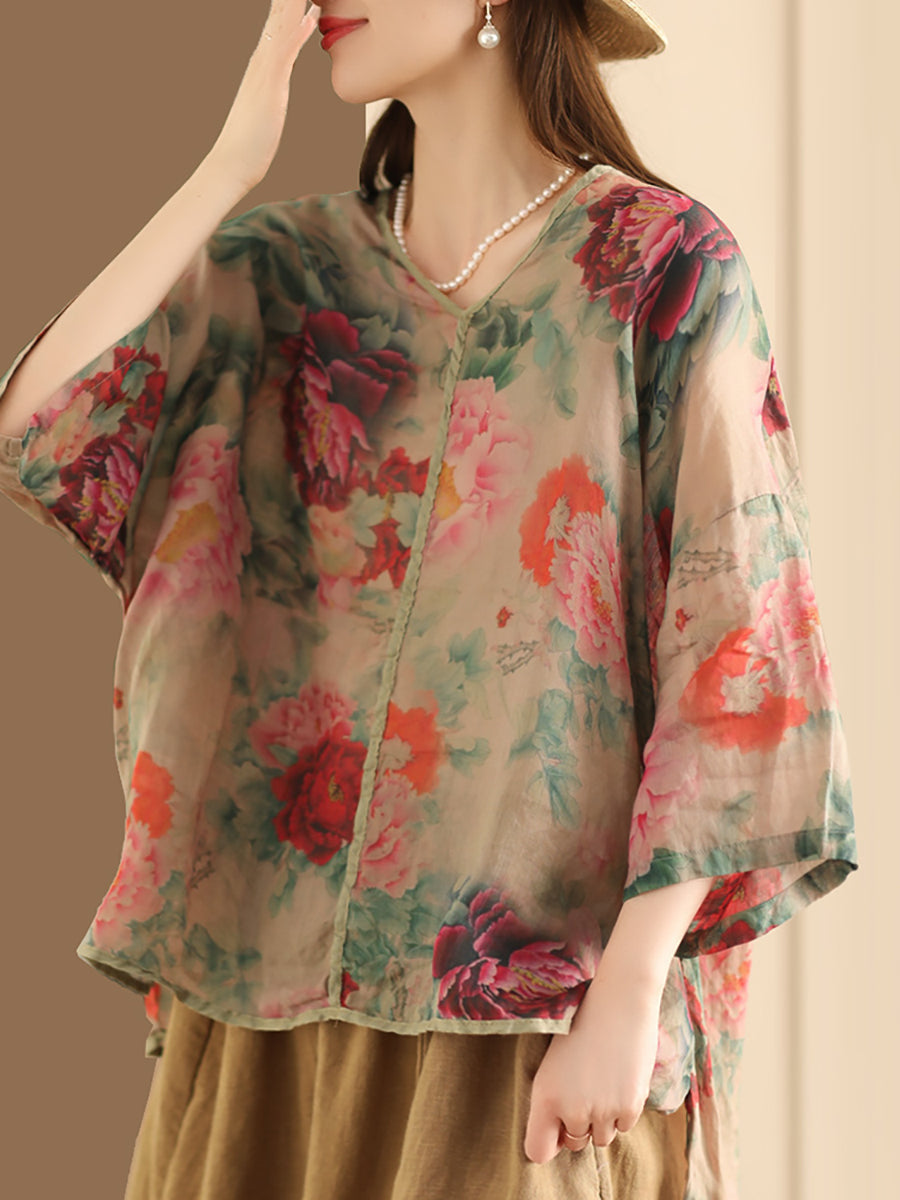 Women Vintage Floral V-Neck Linen Summer Shirt XX1014