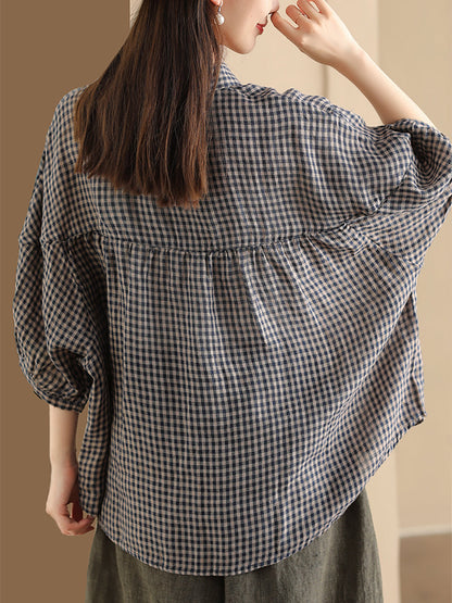 Chemise boutonnée en lin à carreaux vintage pour femme PP1034