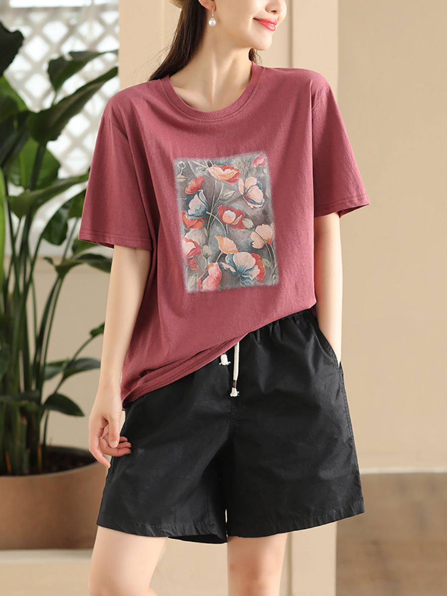 Women Summer Casual Flower Spliced Cotton Shirt CC031