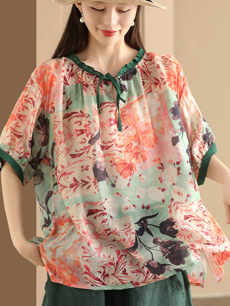 Women Summer Artsy Print Strap Loose Linen Shirt HH046