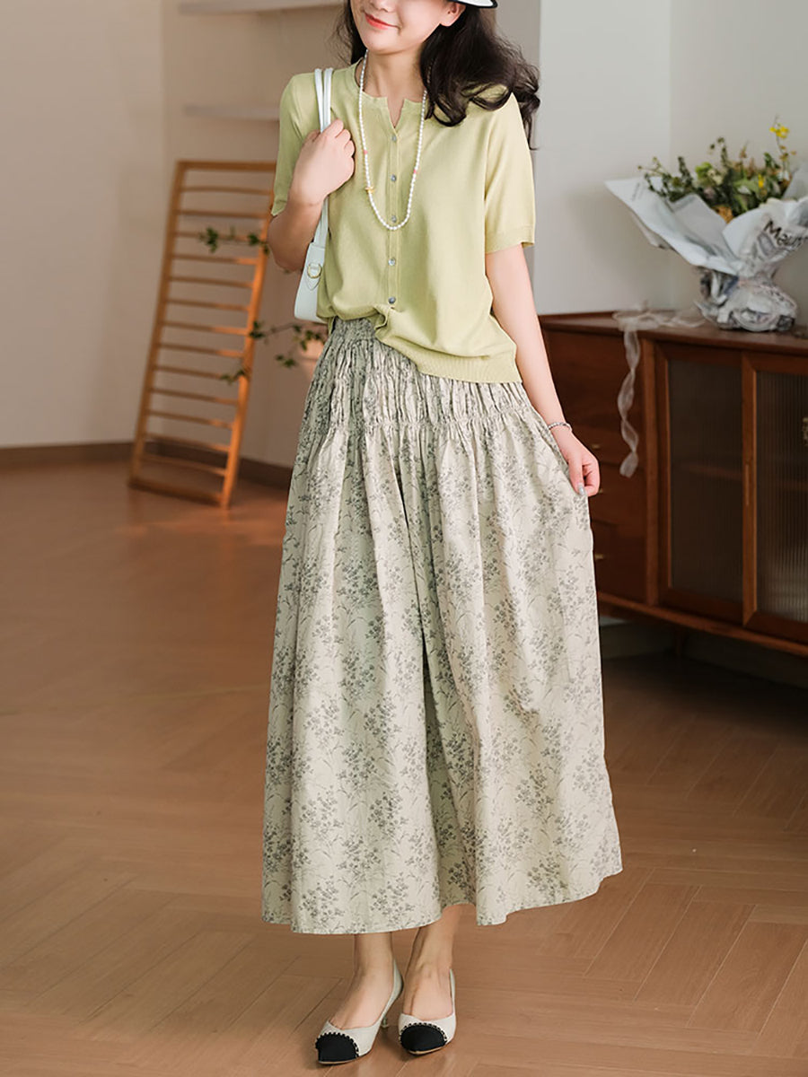 Women Summer Artsy Floral Shirred Cotton Skirt WE1042
