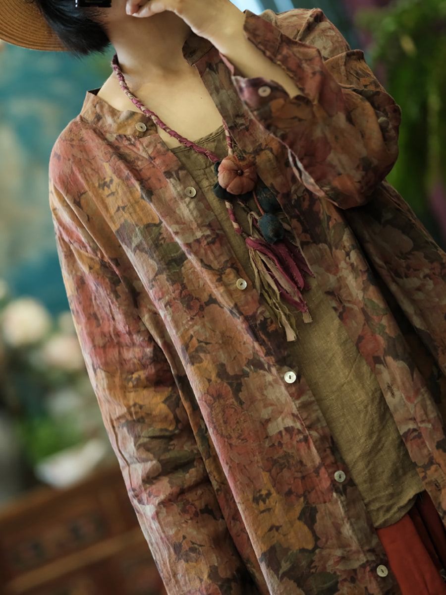 Florales Damen Shirt Retro Lang Vintage Ramie Button-up