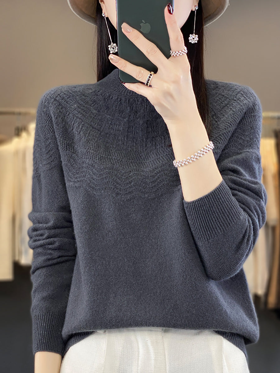 Women Autumn Cable Knit 100%Wool Half Turtleneck Sweater QN031