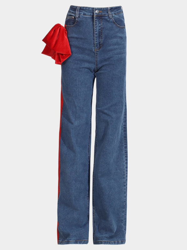 Jean droit rouge chic noué taille haute boutonné 