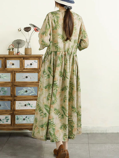 Robe d'été en ramie froncée à fleurs artistiques pour femmes QW1043