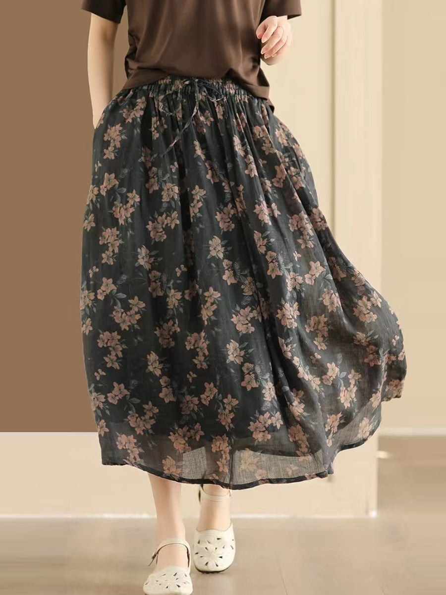 Women Vintage Summer Flower Ramie Loose Skirt QW1006