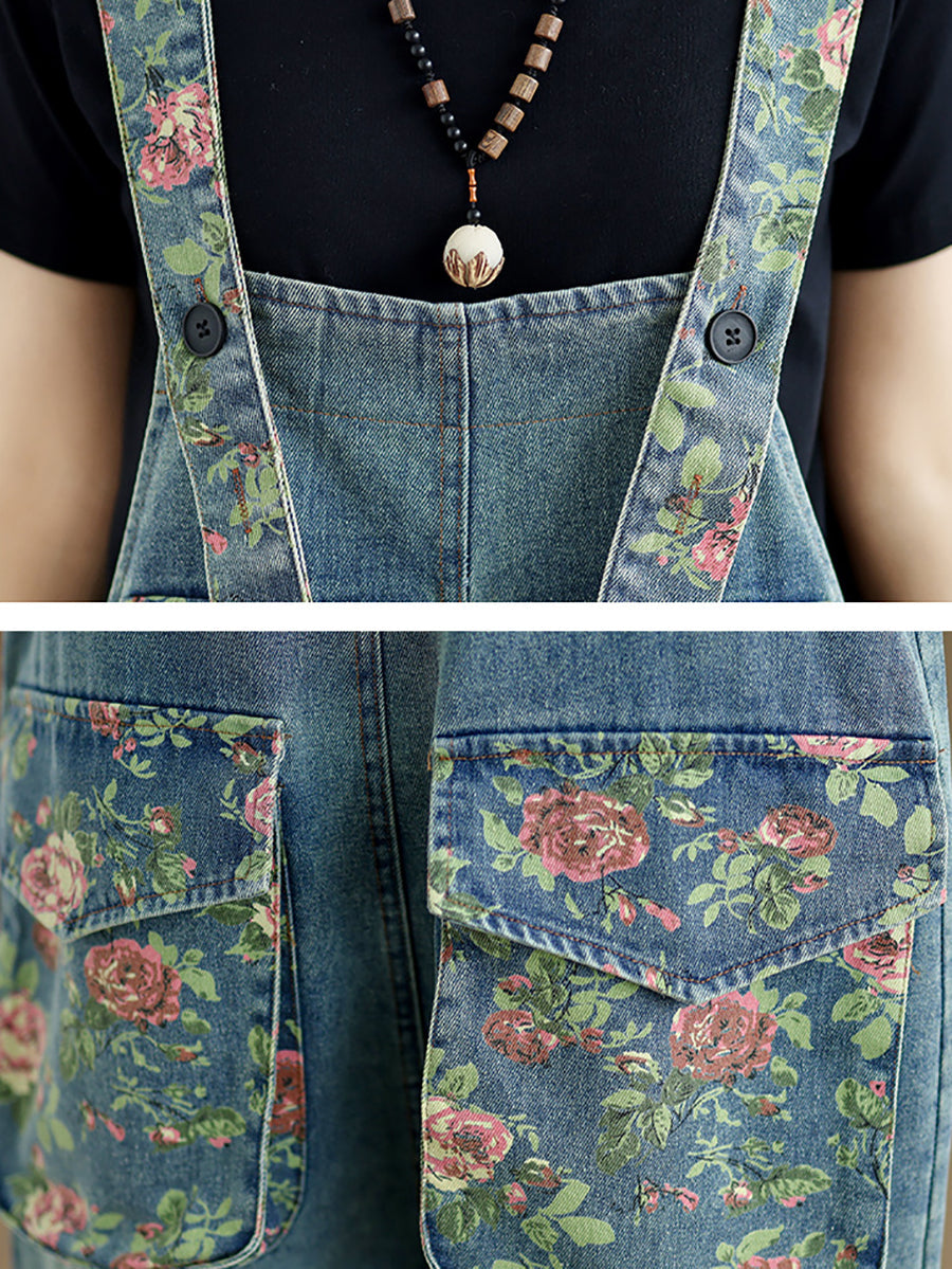 Damen Sommer Retro Blumen Gespleißt Denim Overalls ZZ1021