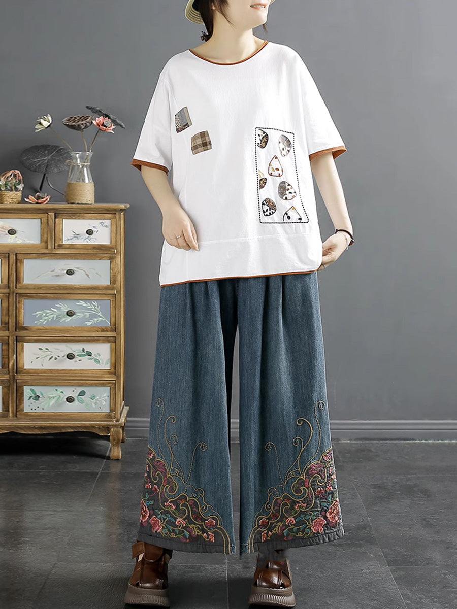 Women Vintage Summer Embroidery Wide-leg Denim Pants KL1007