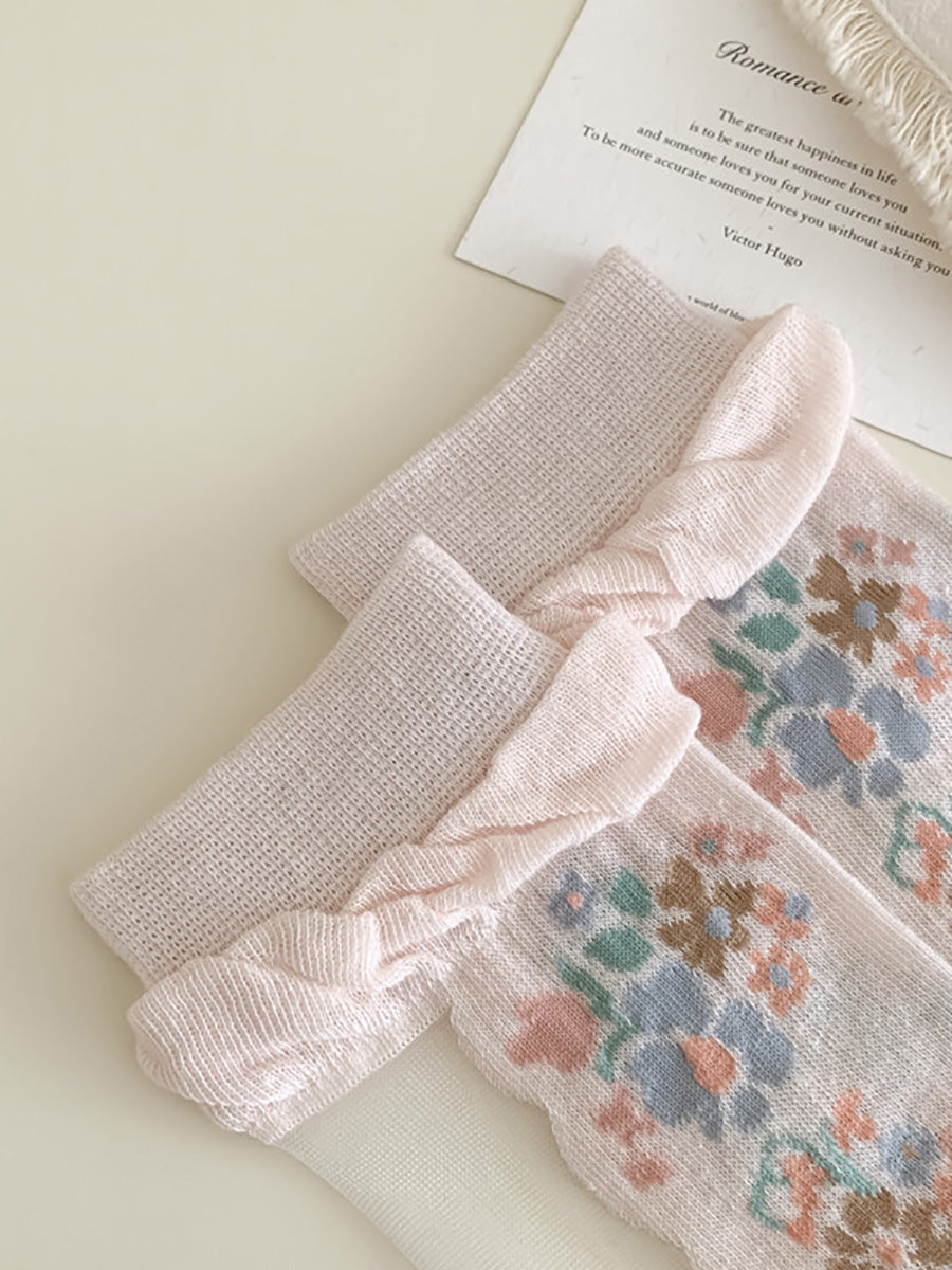 3 Paar lange Jacquard-Socken mit Blumenmuster für Damen FD029