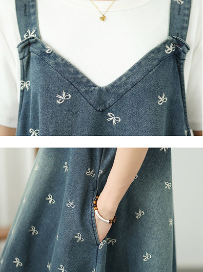 Kleid Overall Denim Bowknot Frauen Sommer Stickerei