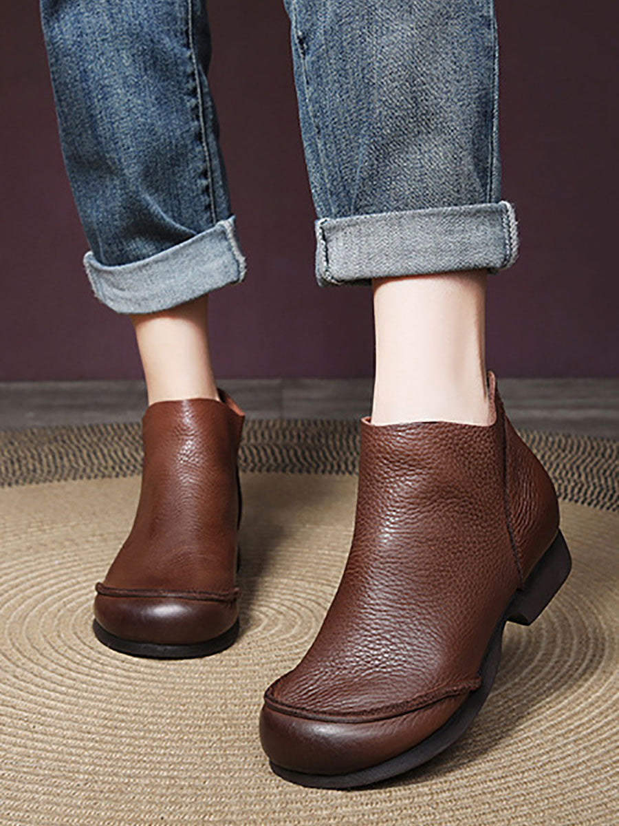 Women Elegant Solid Leather Spliced Low Heel Boots BA1069