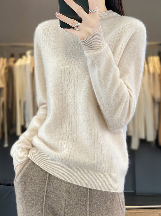 Women Autumn Solid Cable Knit 100%Wool Half Turtleneck Sweater QN028