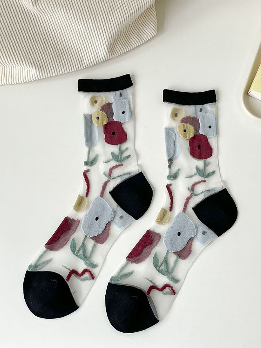 5 Paar dünne Damensocken mit Blumen-Sommermotiv, Jacquardmuster, CX040