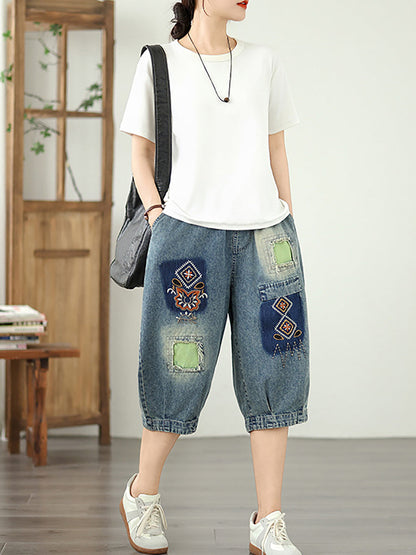 Pantalon en denim à fleurs rétro brodé pour femme, patchwork 