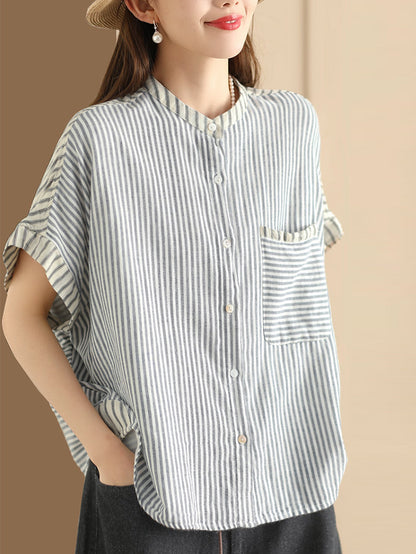 Chemise d'été en lin à rayures artistiques pour femmes WE1039