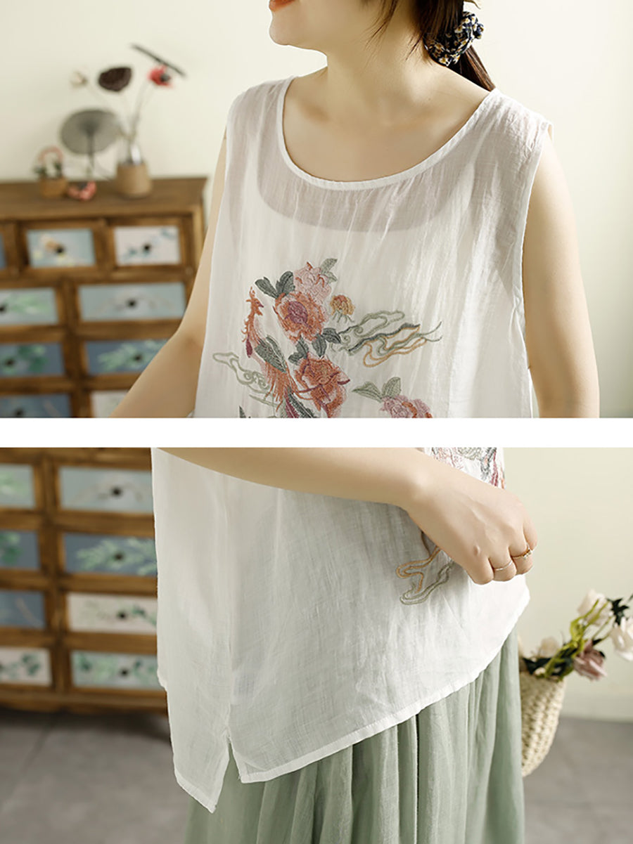 Women Vintage Flower Embroidery Ramie Summer Vest WE1022