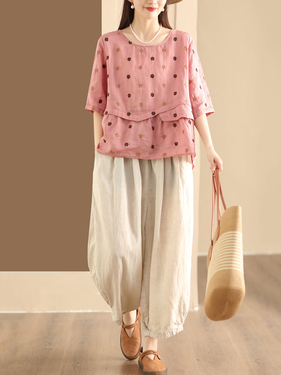 Women Summer Embroidery Spliced Ramie Loose Shirt XX1046