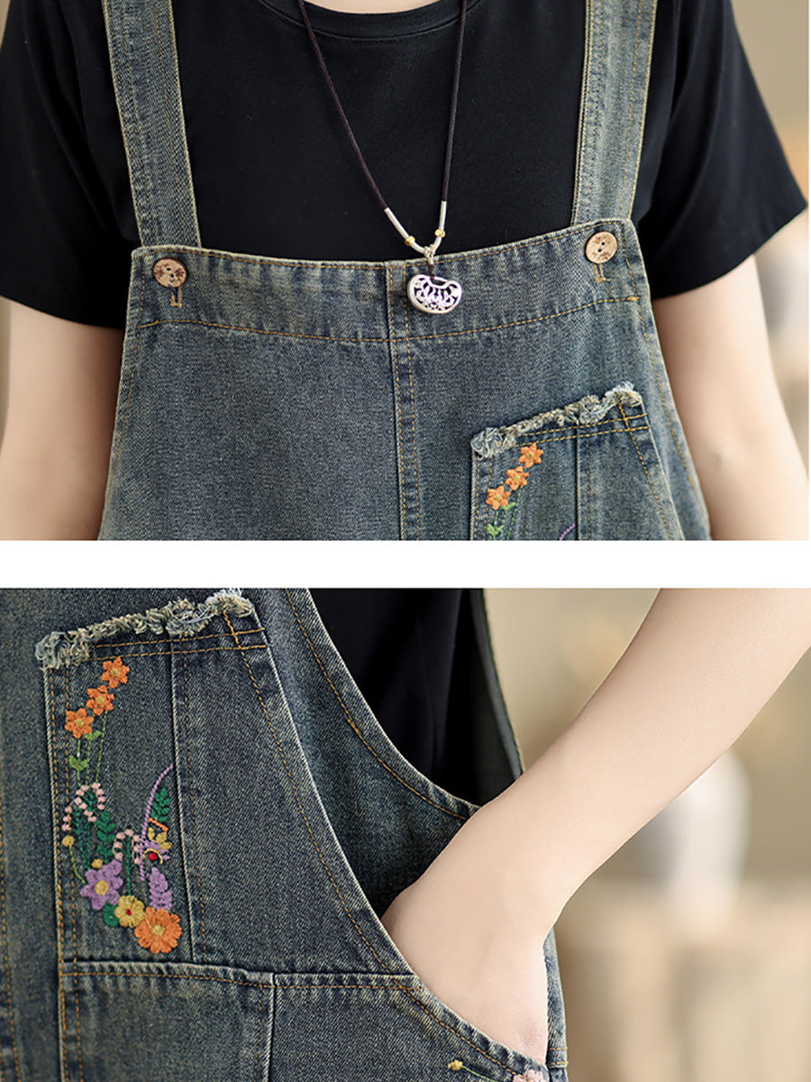 Damen Sommer Jumpsuit aus Denim mit Blumenstickerei CO1056