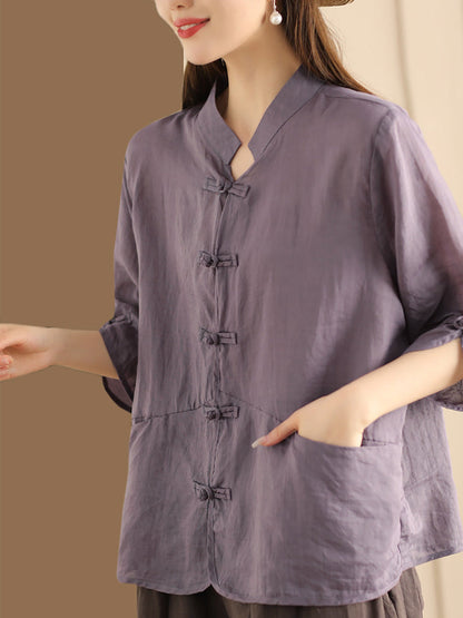 Chemise d'été ethnique unie à boutons en ramie pour femmes QW1046