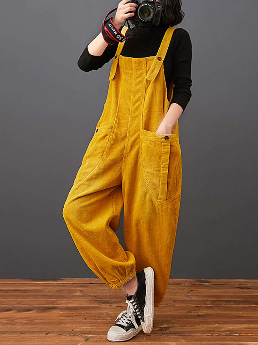 Women Commute Autumn Solid Corduroy Loose Jumpsuits AK1022