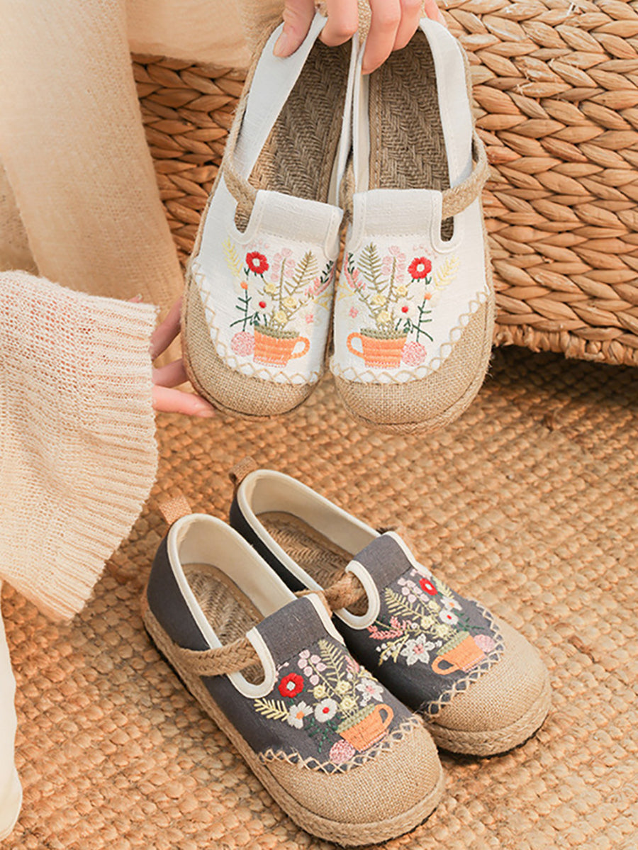 Women Summer Artsy Flower Embroidery Linen Cotton Shoes AT1080