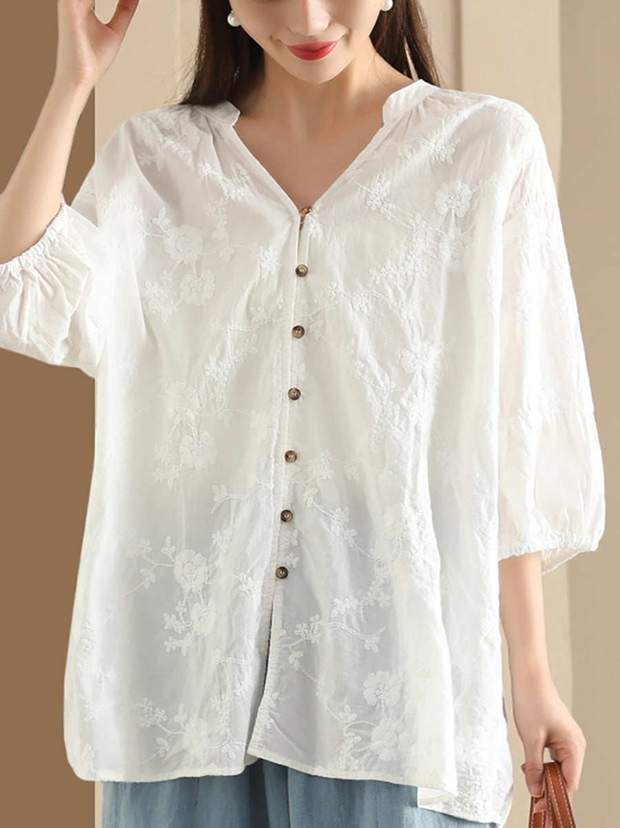 Women Summer Artsy Flower Jacquard Thin Button Cotton Shirt CX037