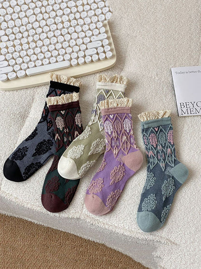 Lot de 5 paires de chaussettes en coton Jacquard à fleurs artistiques pour femmes QM009