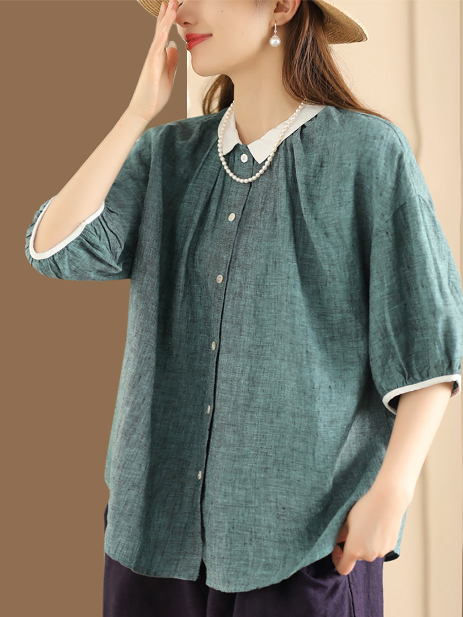 Women Summer Artsy Colorblock Button-up Linen Shirt XX1009