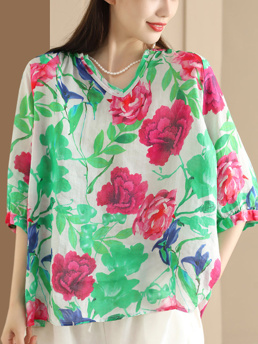 Women Summer Flower V-Neck Ramie Loose Shirt OO1035