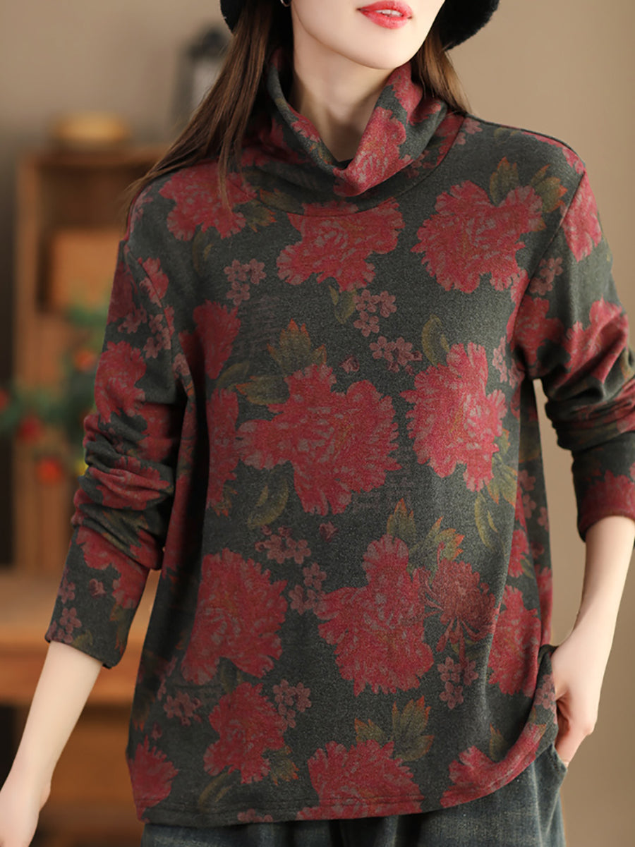 Women Vintage Autumn Flower Turtleneck Sweatshirt AK1023