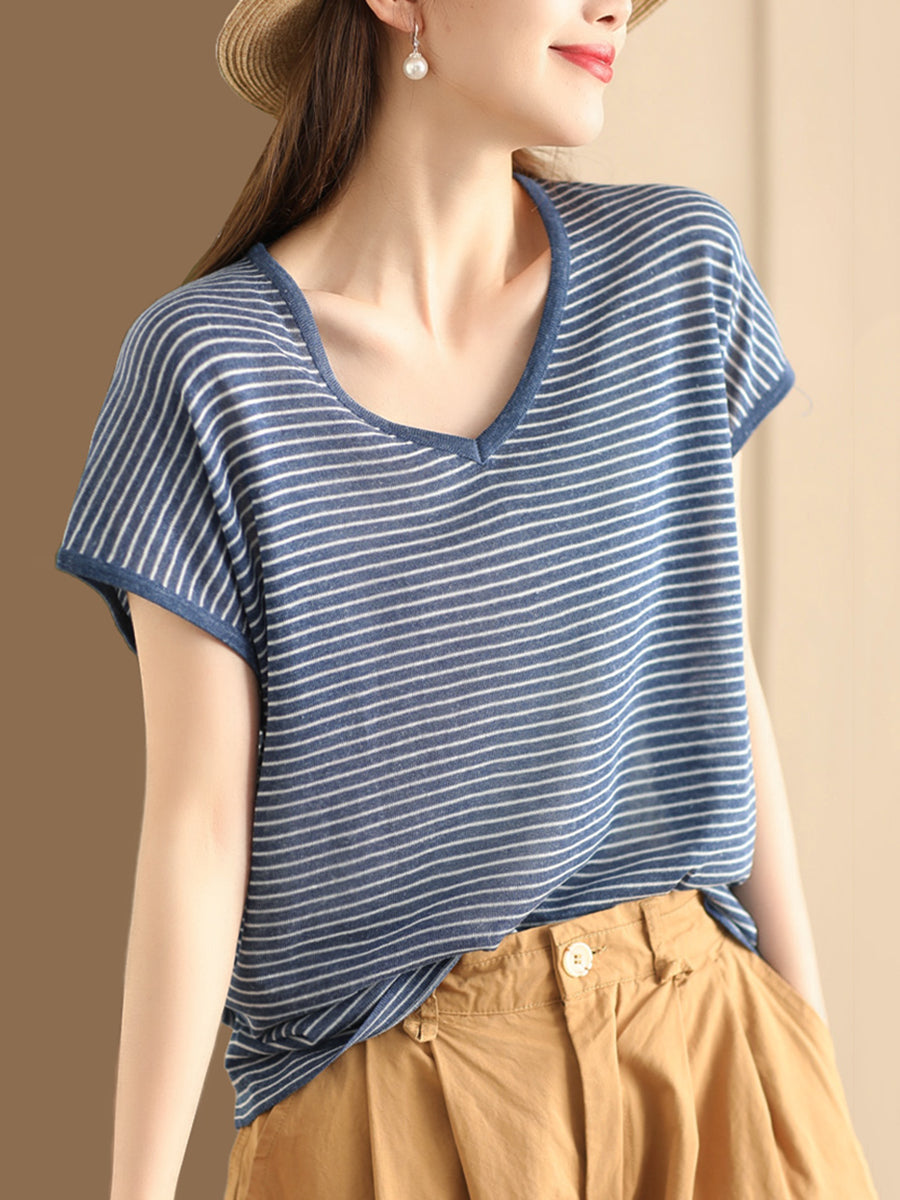 Women Summer Casual Stripe V-Neck Shirt AA1013