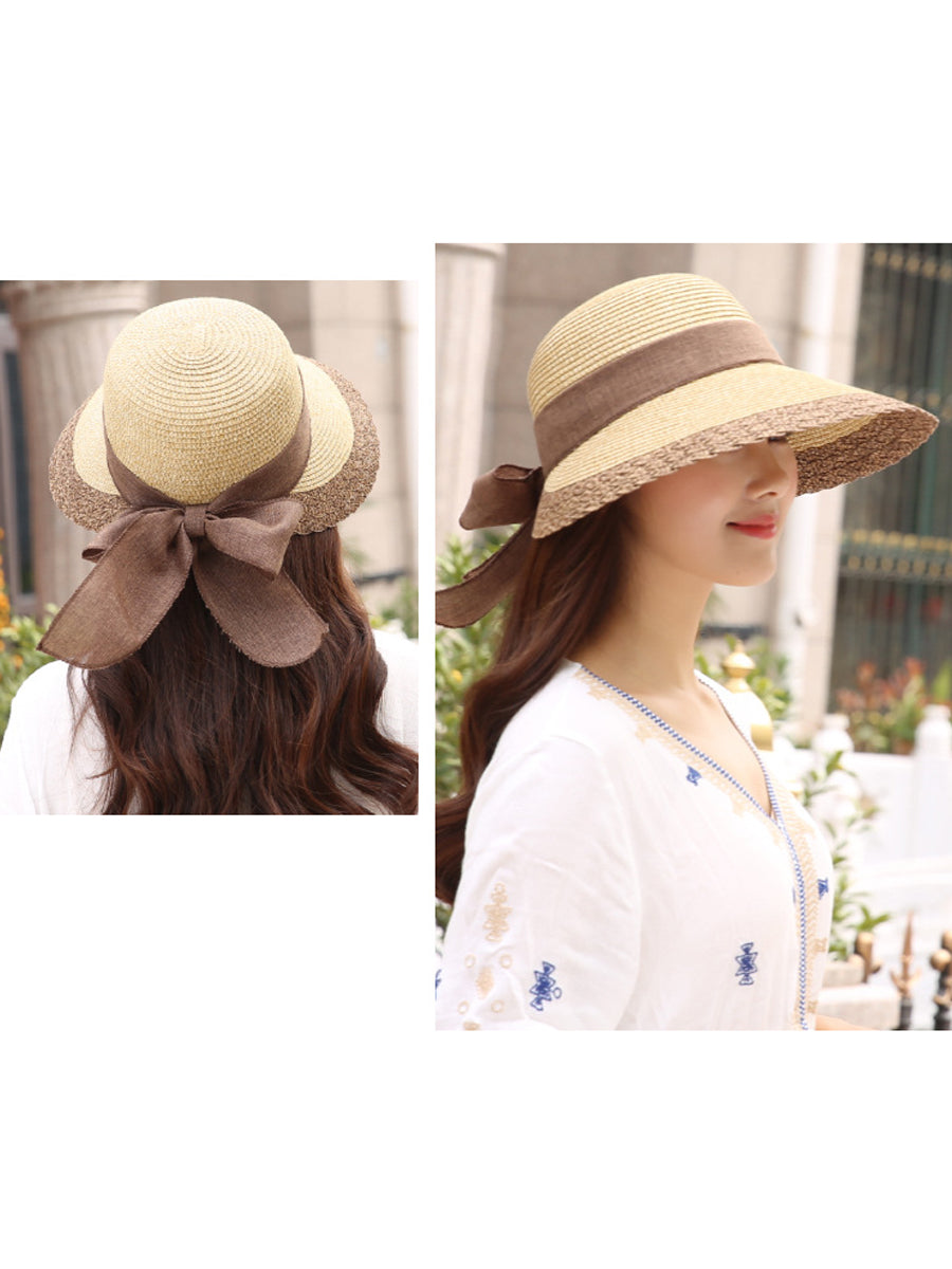 Women Summer Straw Colorblock Large Brim Sunproof Hat ZZ1028