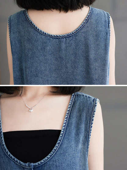 Women Casual Summer Denim A-Shape Loose Vest Dress FD054