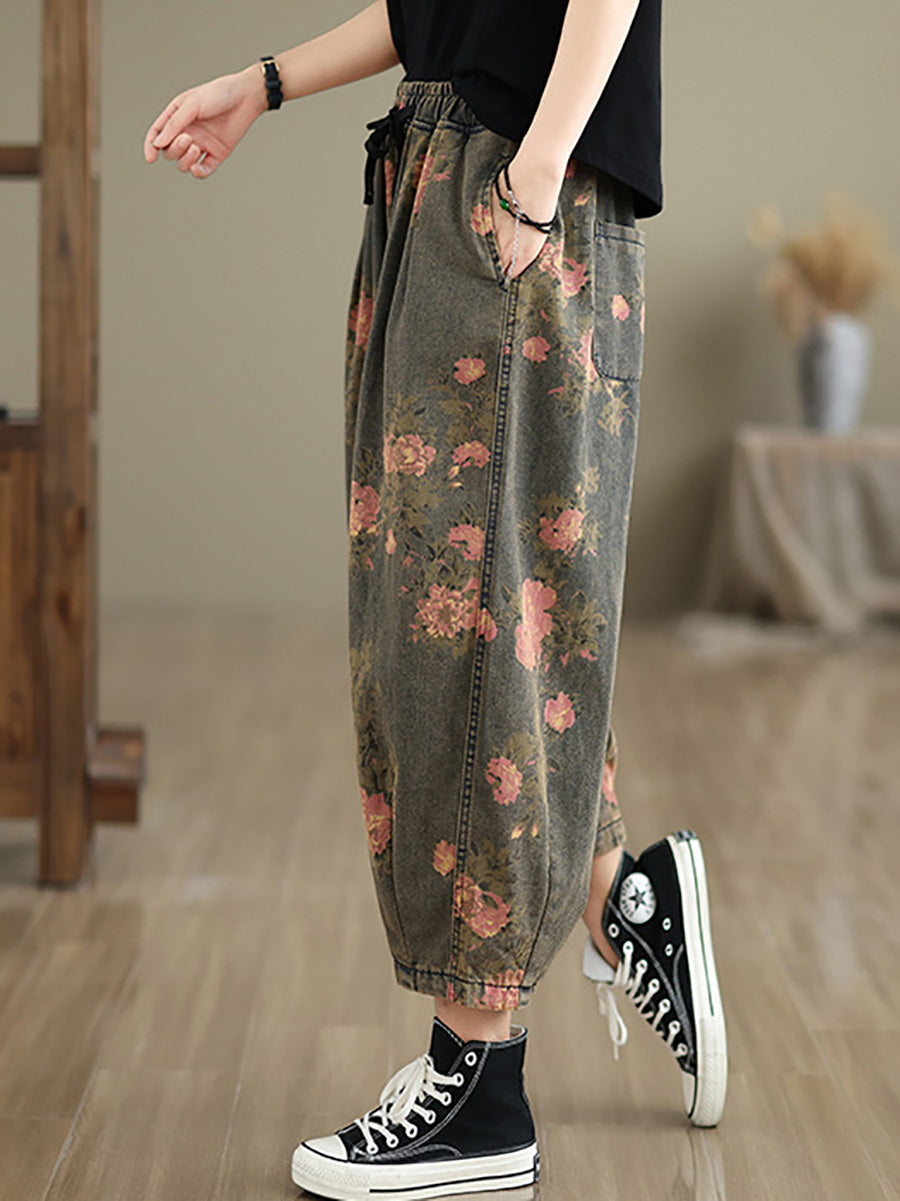 Women Summer Vintage Flower Denim Harem Pants LL034