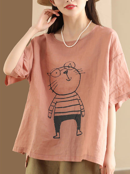 Pull-over d'été en ramie à imprimé chat de dessin animé pour femme OO1034