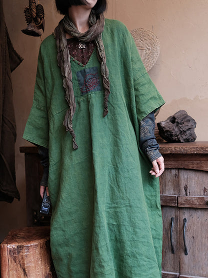 Women Retro Summer Spliced Linen V-Neck Dress AA1033