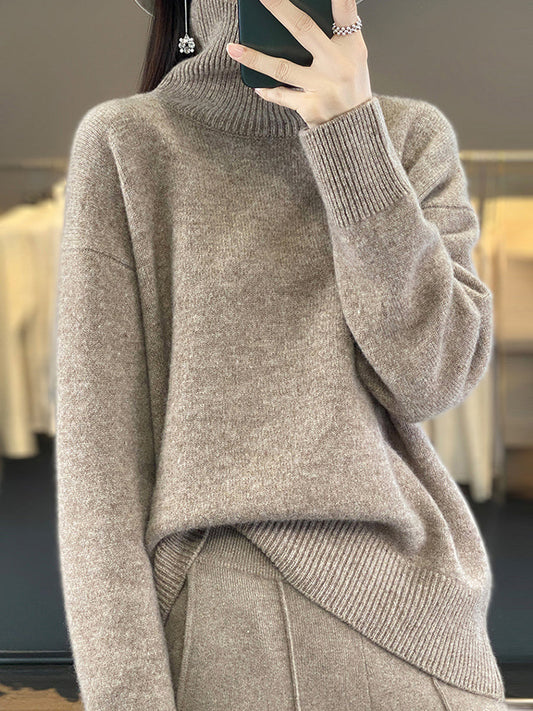 Women Autumn Casual Turtleneck Solid 100%Wool Sweater QU012