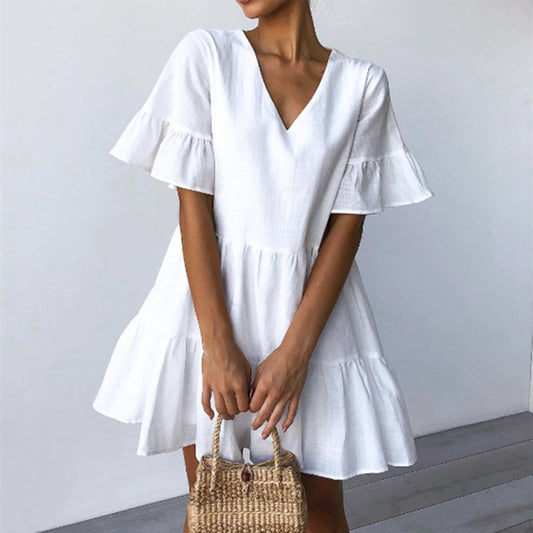 Short-Sleeve Loose-Fit Mini Tiered Dress YS10014