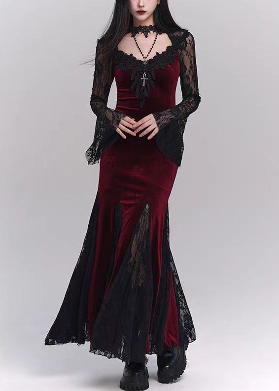 Seide Bohemian Kleider Patchwork Samt Schwarz Hohl Spitze Maxi Out 