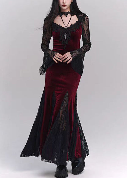 Seide Bohemian Kleider Patchwork Samt Schwarz Hohl Spitze Maxi Out 