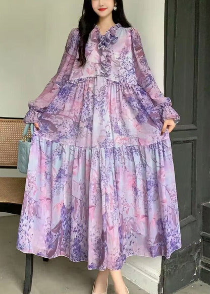 Robe à volants et manches longues en patchwork imprimé violet fantaisie AZ1005 