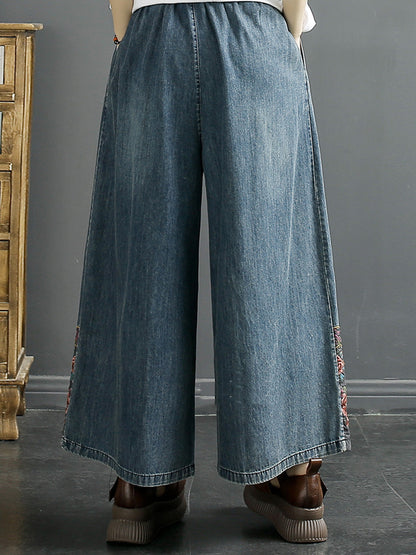 Pantalon en denim à jambe large avec broderie vintage pour femme KL1007