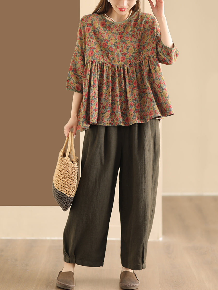 Women Summer Vintage Flower Spliced Loose Shirt XX1047