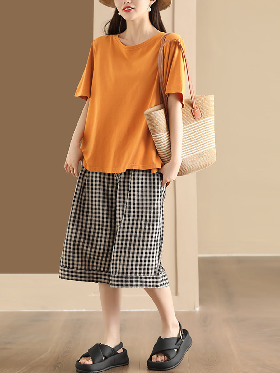 Women Summer Casual Plaid Linen Wide-leg Pants PP1028