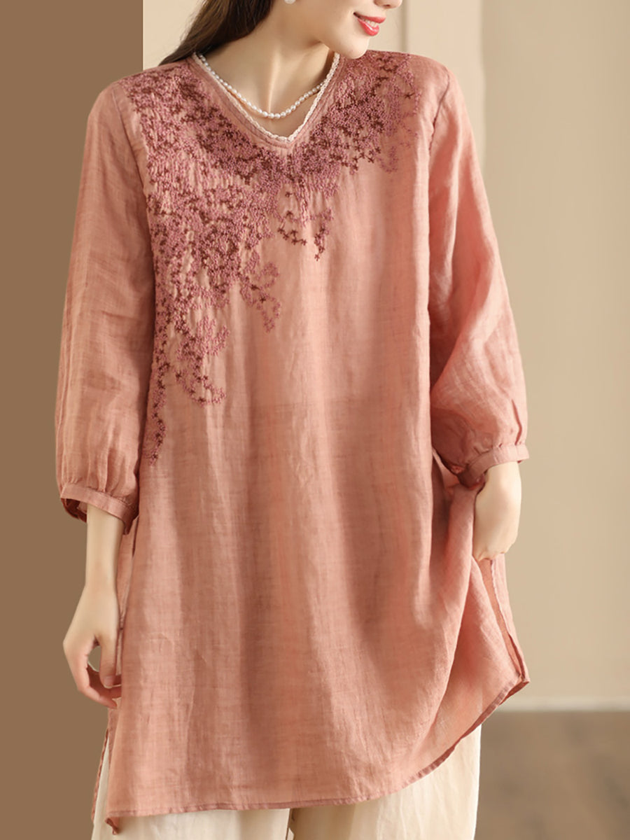 Women Summer Artsy Embroidery Ramie Long Shirt AS1022