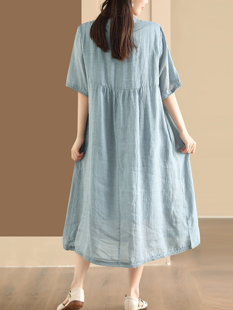 Women Summer Casual Solid Shirred Button Linen Dress HH019